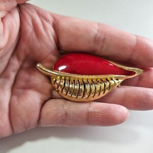 Gold tone red enamel leaf brooch